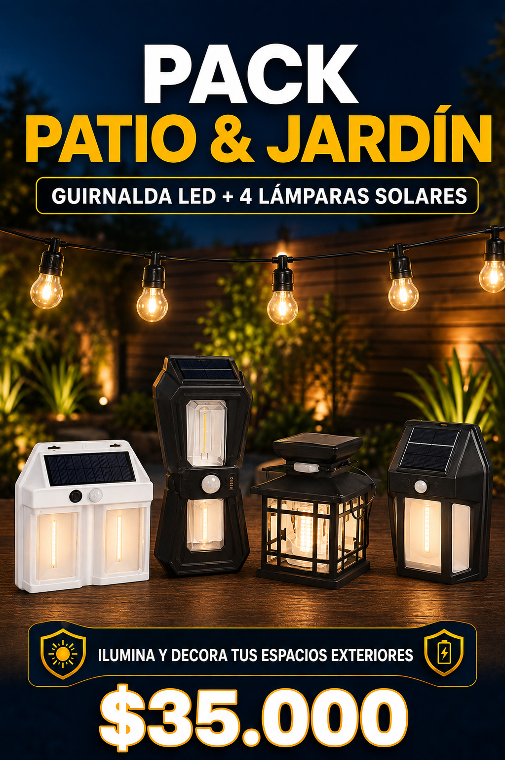 Pack de lámparas solares para jardín con guirnalda LED