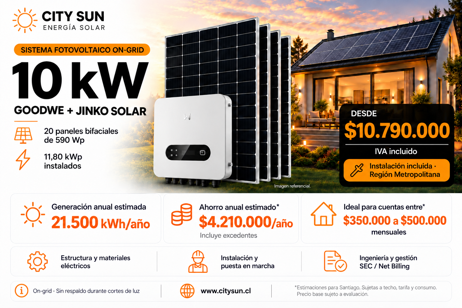 Kit solar on-grid GoodWe 10 kW con 20 paneles Jinko de 590 W e instalación en Región Metropolitana