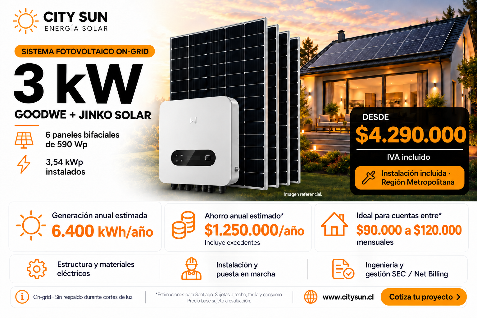 Kit solar on-grid GoodWe 3 kW con 6 paneles Jinko de 590 W e instalación en Región Metropolitana