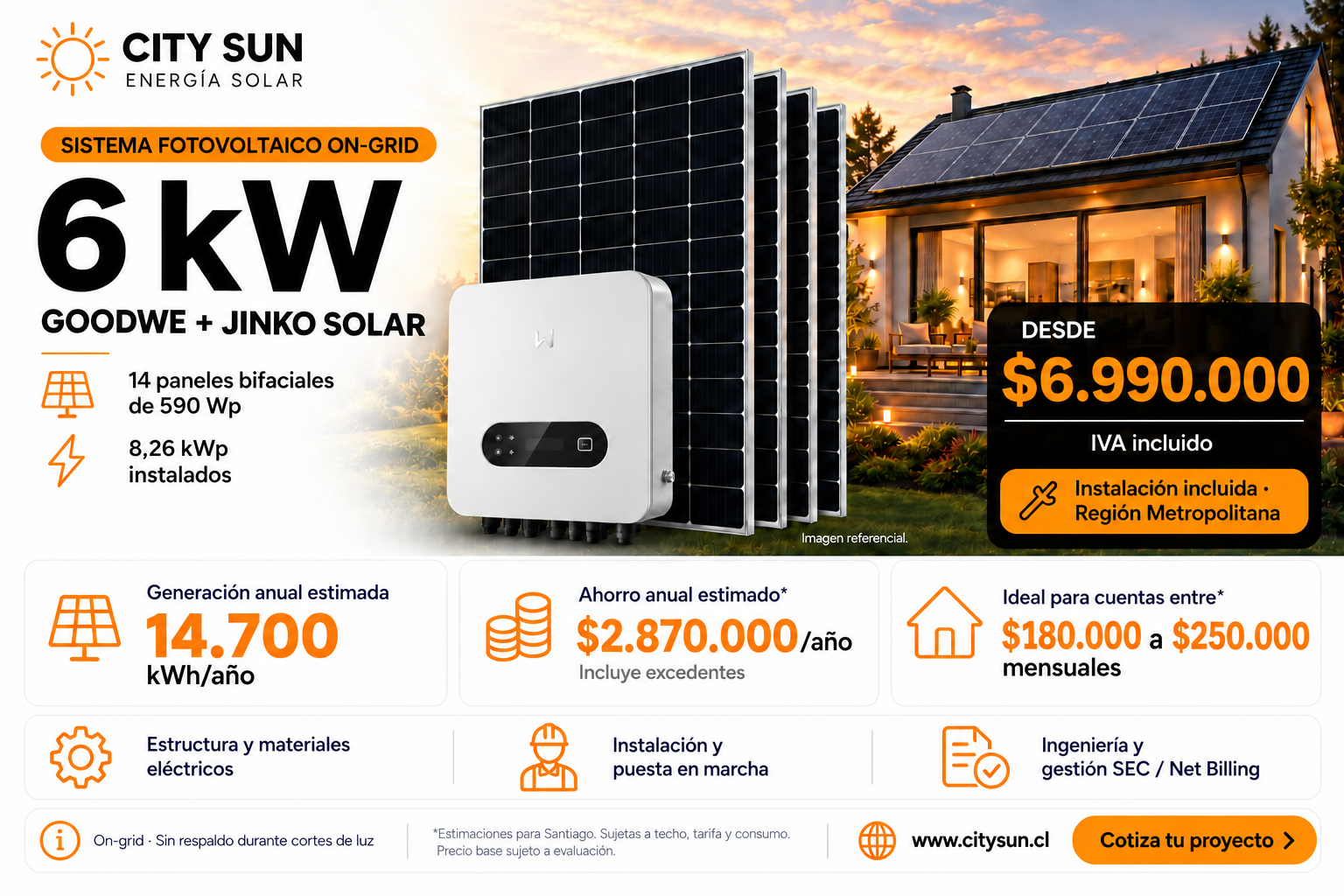 Kit solar on-grid GoodWe 6 kW con 14 paneles Jinko de 590 W e instalación en Región Metropolitana