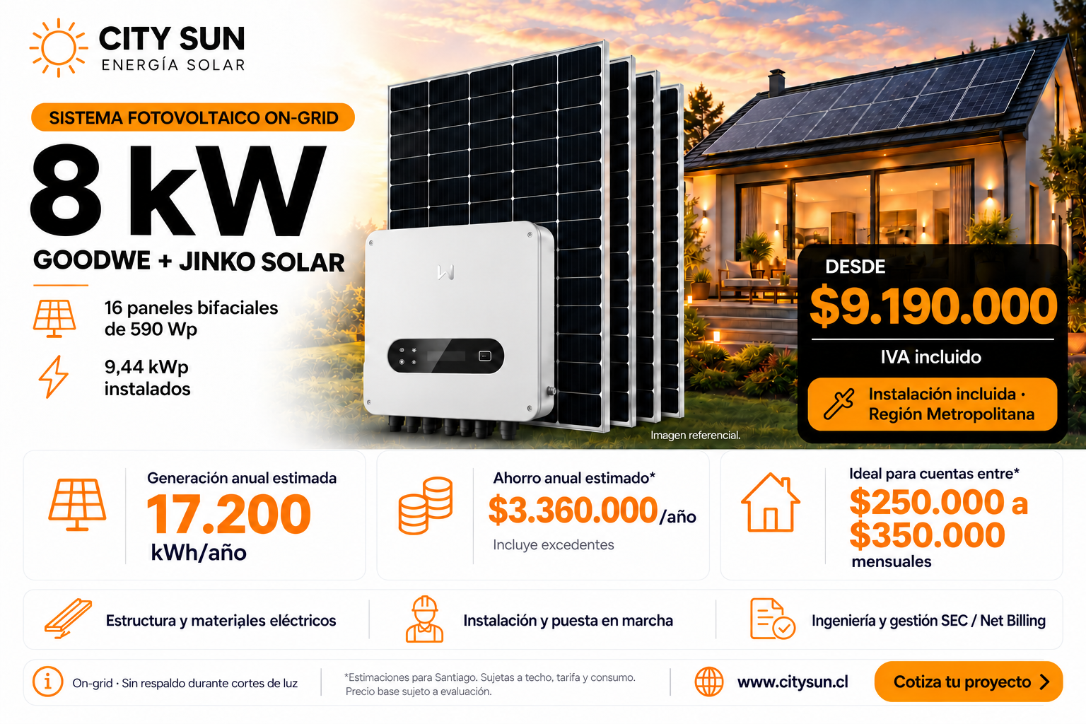 Kit solar on-grid GoodWe 8 kW con 16 paneles Jinko de 590 W e instalación en Región Metropolitana