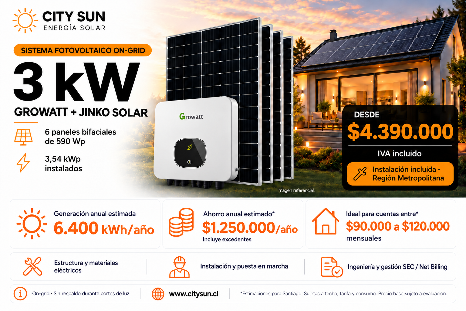 Kit solar on-grid Growatt 3 kW con 6 paneles Jinko de 590 W e instalación en Región Metropolitana