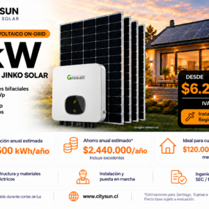 Kit solar on-grid Growatt 5 kW con 12 paneles Jinko de 590 W e instalación en Región Metropolitana