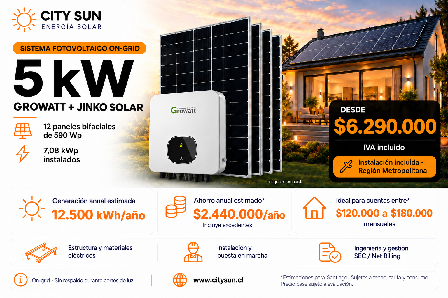Kit solar on-grid Growatt 5 kW con 12 paneles Jinko de 590 W e instalación en Región Metropolitana