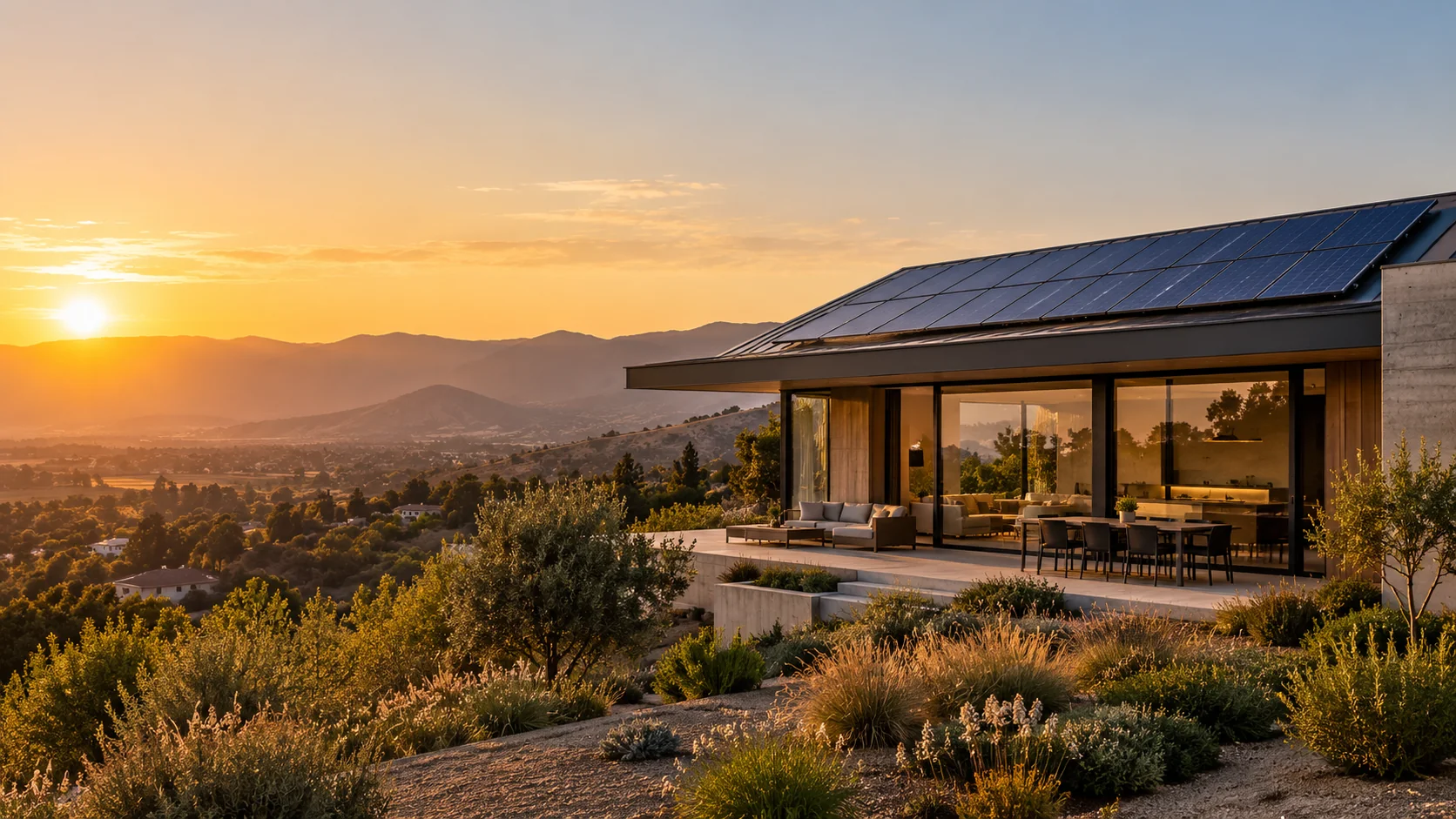 Casa moderna con paneles solares en Chile al atardecer