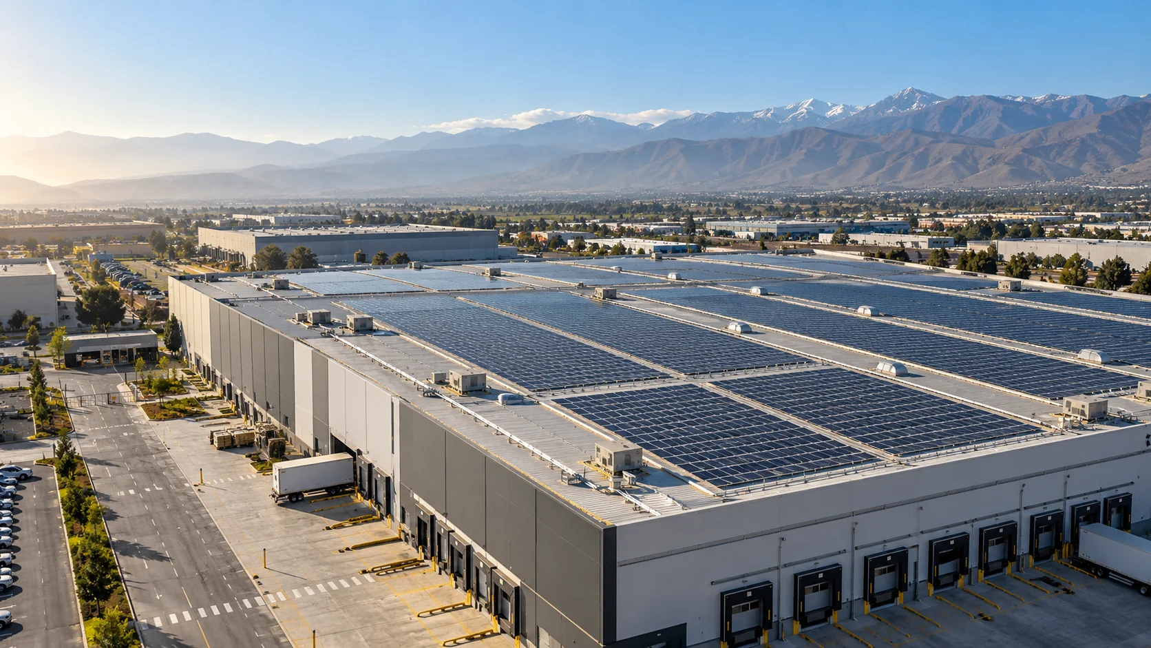 Sistema fotovoltaico industrial instalado sobre la cubierta de una planta logística